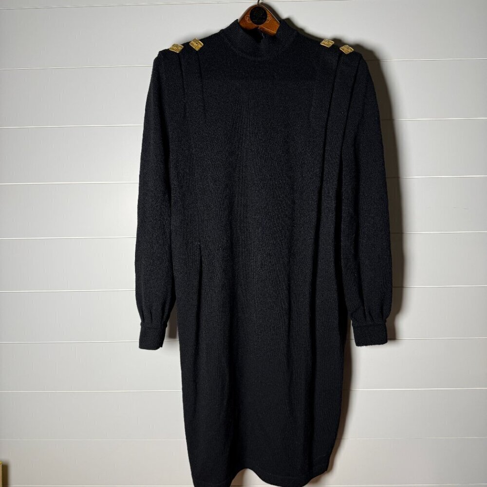 VINTAGE:  Black Sweater Dress with Gold Shoulder Buttons -Pics for Measurement